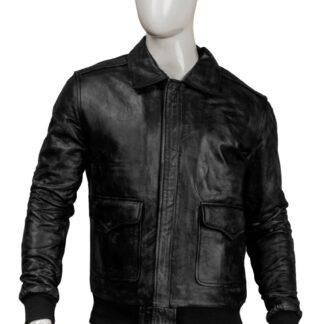 Men's Real Sheepskin Leather Bomber Jacket Solid Black