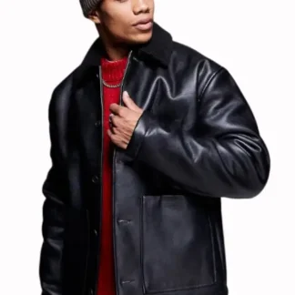 Borg Lined Oversized Black Leather Jacket