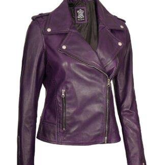 Womens Short Fitted Leather Motorcycle Jacket Purple