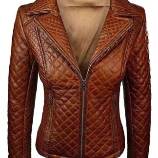 Women Quilted Sheepskin Fashion Leather Jacket Tan Brown