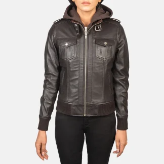 Women’s Brown Hooded Leather Bomber Jacket