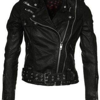 Women’s Waxed Sheepskin Leather Biker Jacket Black