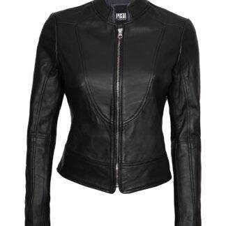Womens Cafe Racer Leather Motorcycle Jacket Black