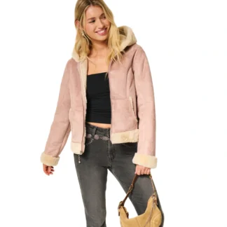 Unisex Hollister Faux Fur Lined Faux Shearling Hoodie Pink Jacket